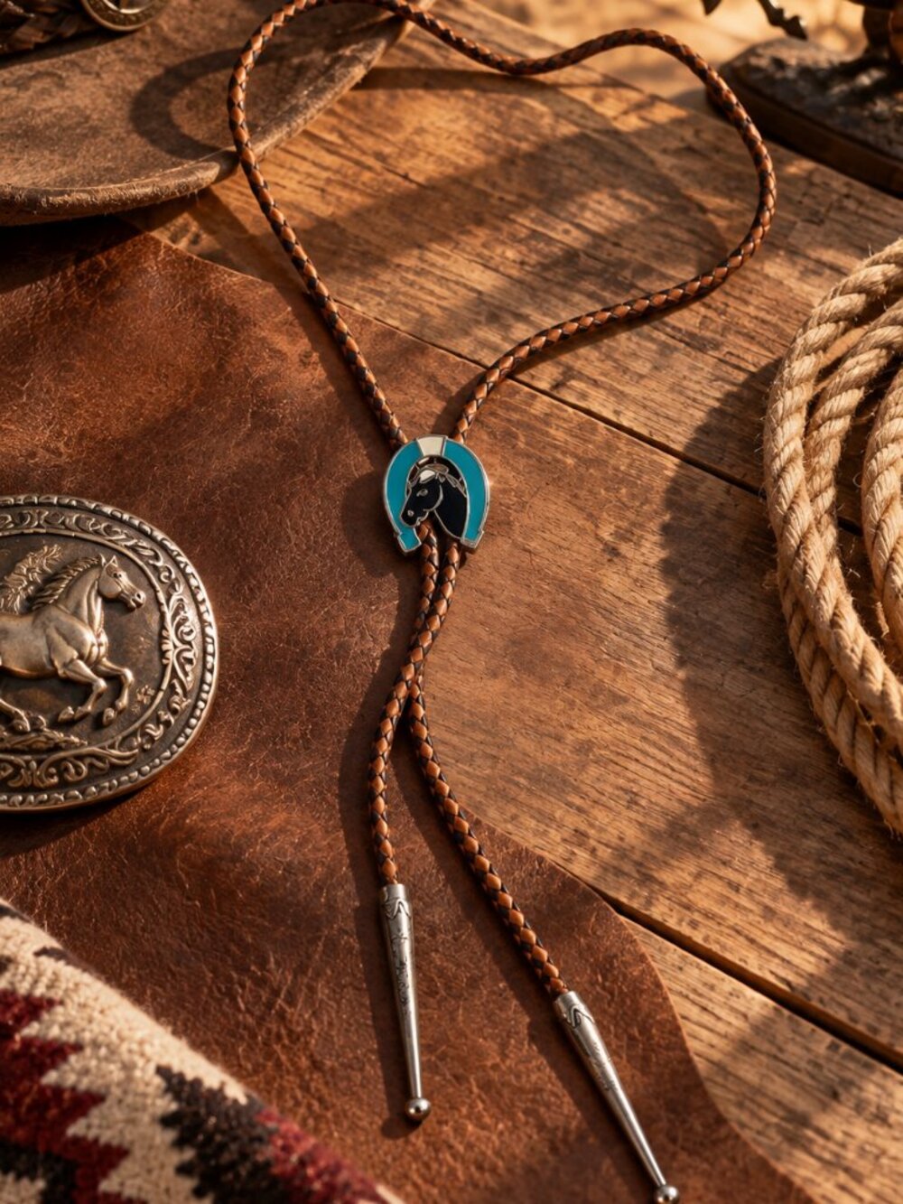Vintage Southwestern Horseshoe Horse Inlay Bolo Tie